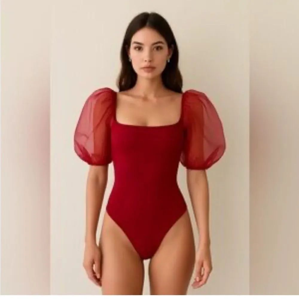 ASTR the Label Revolve Darling Sheer Puff Sleeve Bodysuit wine $88